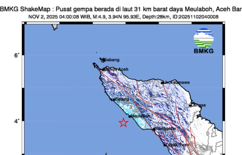 Gempa Terkini M 4,9 Guncang Meulaboh Aceh, Dirasakan hingga Sigli