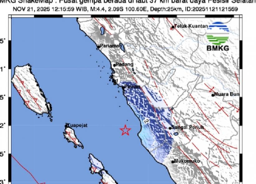 Gempa Terkini M 4,4, Guncang Pesisir Selatan, Getaran Dirasakan hingga Solok Selatan